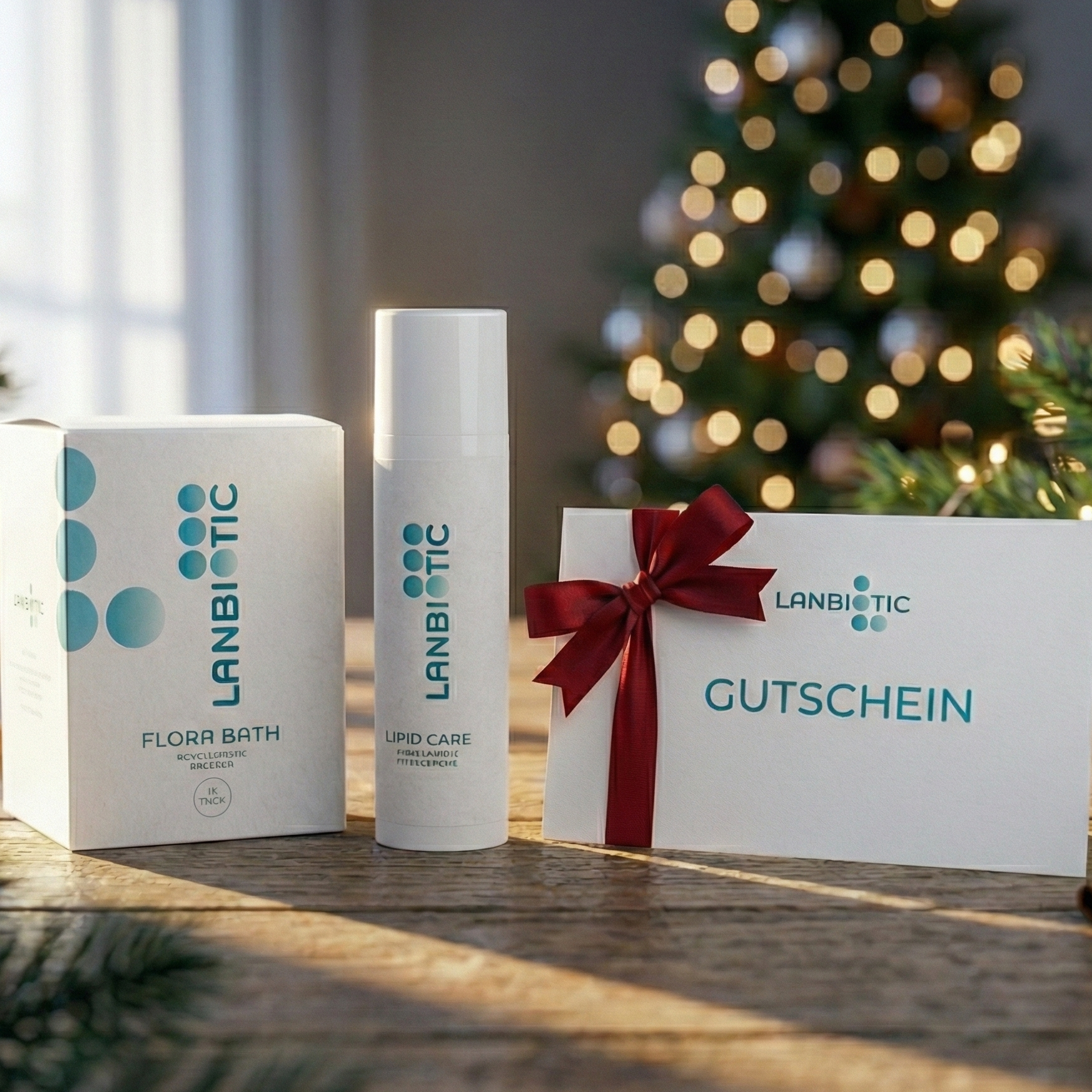 Lanbiotic Produkte mit einem Gutschein vor einem Weihnachtsbaum