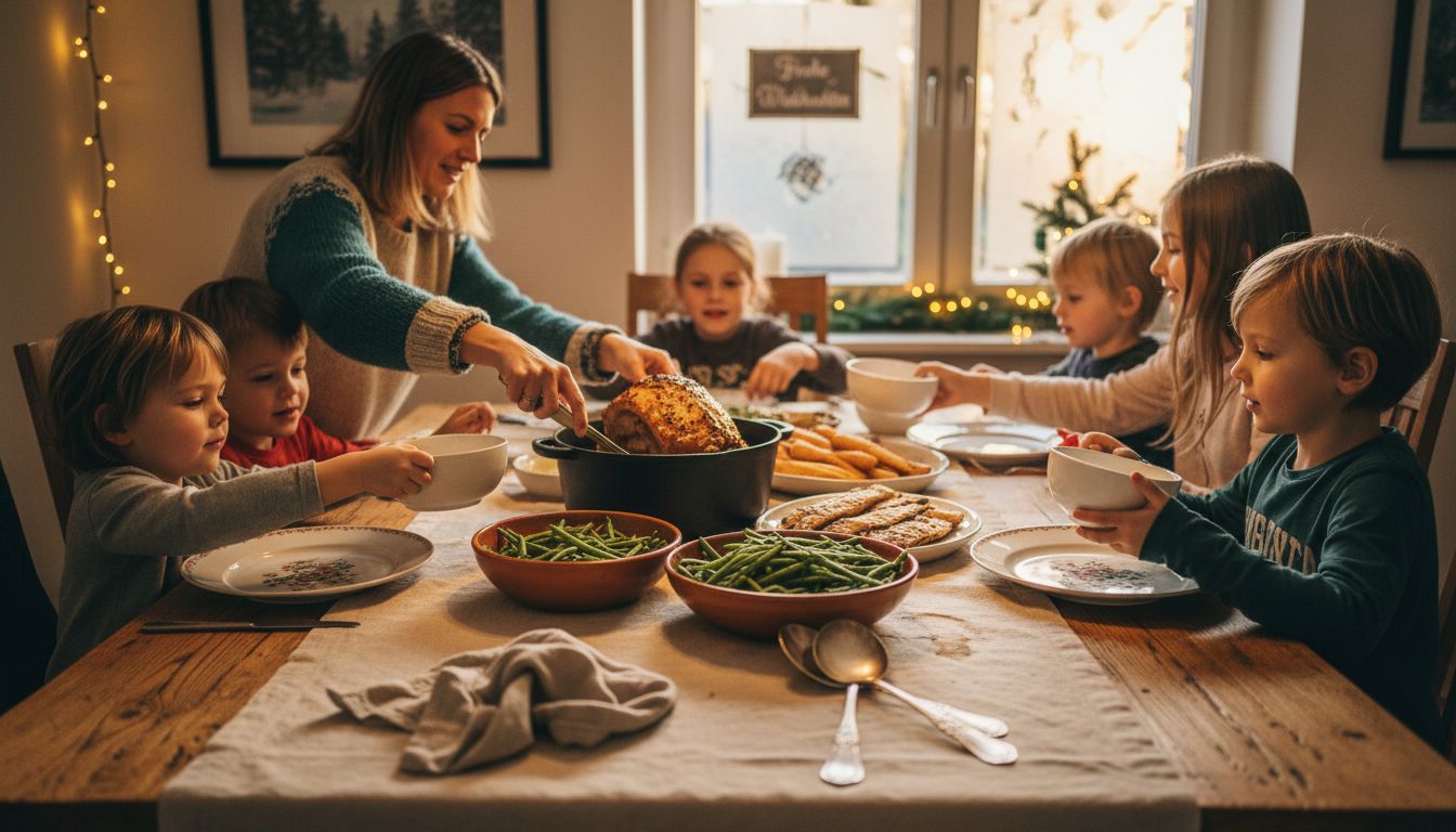 Eine Familie genießt gemeinsam ein festliches Essen, das auch bei Neurodermitis gut verträglich ist.