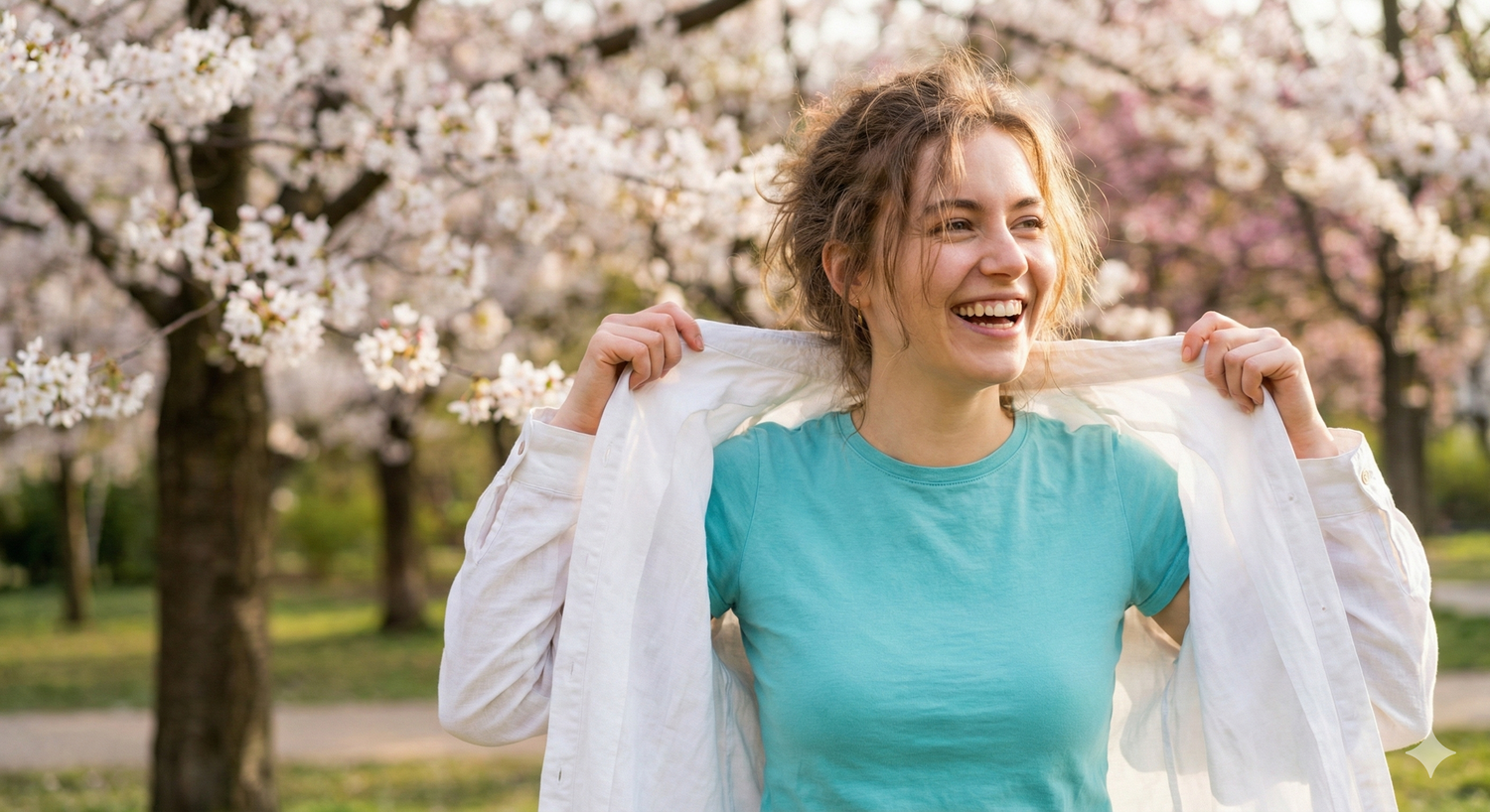 Junge Frau im Frühling, sie steht vor einem blühenden Baum und lacht